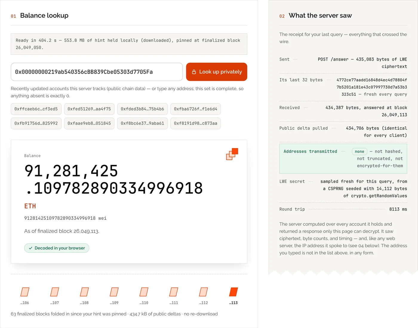 Screenshot of demo.risepir.org at desktop width: the same lookup, with the decoded balance and the full receipt of everything that crossed the wire, including the highlighted "Addresses transmitted: none" row.